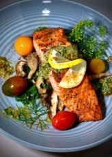 Cook Like a Doctor: Grilled Salmon with Chimichurri, Sautéed Trio of Mushrooms and Garlic Spinach