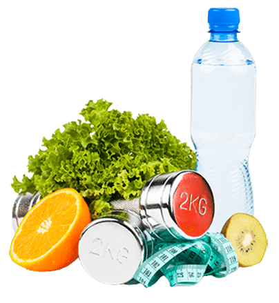 Image of water bottle, hand weights, fruits and vegetables